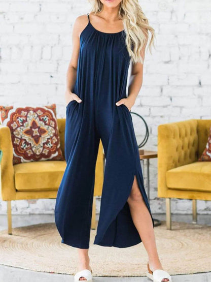 Slit Spaghetti Strap Jumpsuit with Pockets - Purcell's Clothing Company