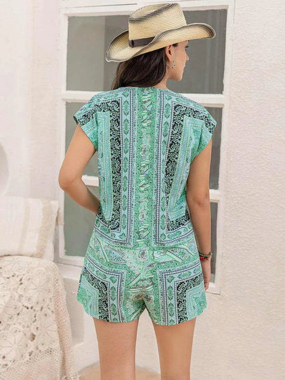 Printed V-Neck Cap Sleeve Romper - Purcell's Clothing Company