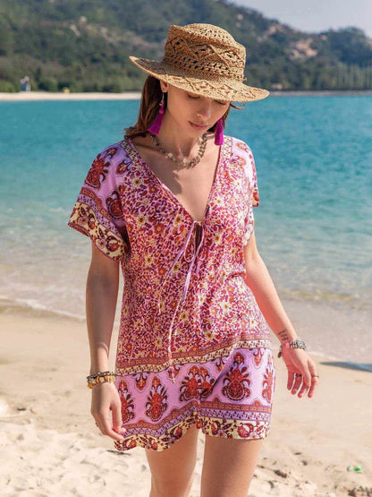 Printed V-Neck Short Sleeve Romper - Purcell's Clothing Company