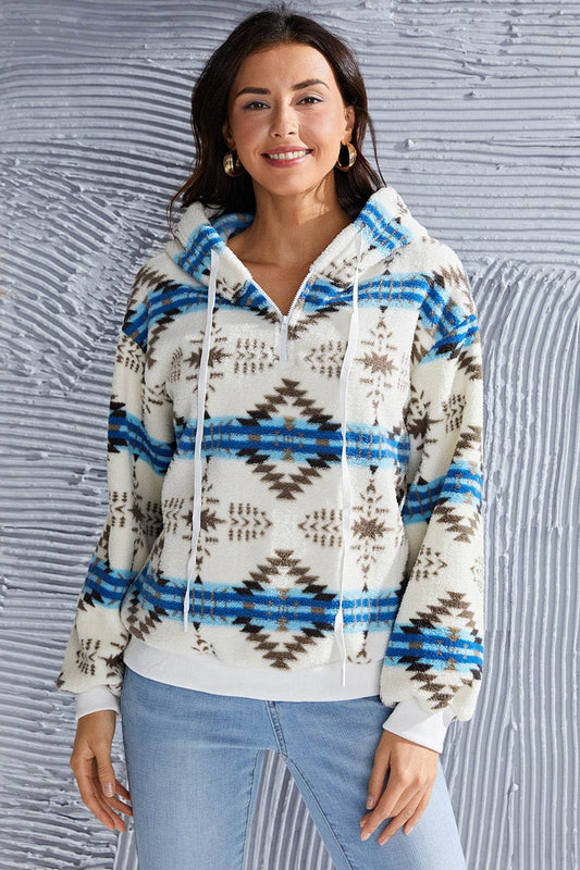 Shiny Geometric Half Zip Drawstring Long Sleeve Hoodie - Purcell's Clothing Company