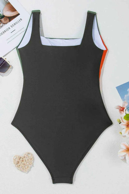 Color Block Padded Square Neck One Piece Swimsuit - Purcell's Clothing Company