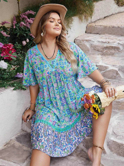 Plus Size Ruffled Hem Lace Detail Printed Half Sleeve Dress - Purcell's Clothing Company