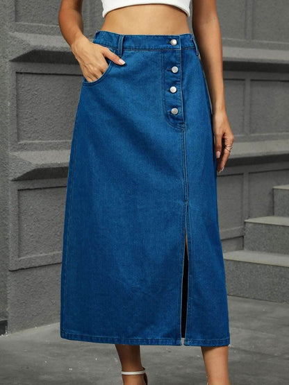 Slit Button Detail Denim Midi Skirt - Purcell's Clothing Company