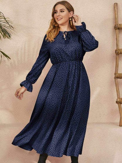 Honey Plus Size Ruffled Polka Dot Long Sleeve Midi Dress - Purcell's Clothing Company