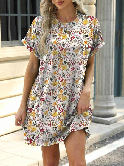 Printed Round Neck Short Sleeve Mini Dress - Purcell's Clothing Company