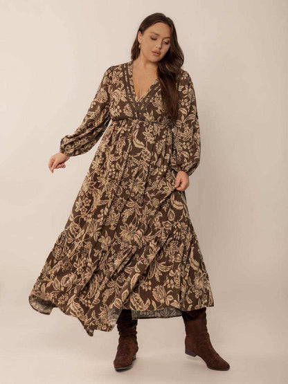 Plus Size Printed V-Neck Balloon Sleeve Maxi Dress - Purcell's Clothing Company