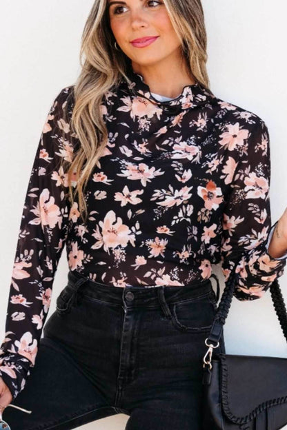 Floral Mock Neck Long Sleeve Blouse - Purcell's Clothing Company