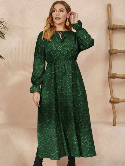 Honey Plus Size Ruffled Polka Dot Long Sleeve Midi Dress - Purcell's Clothing Company
