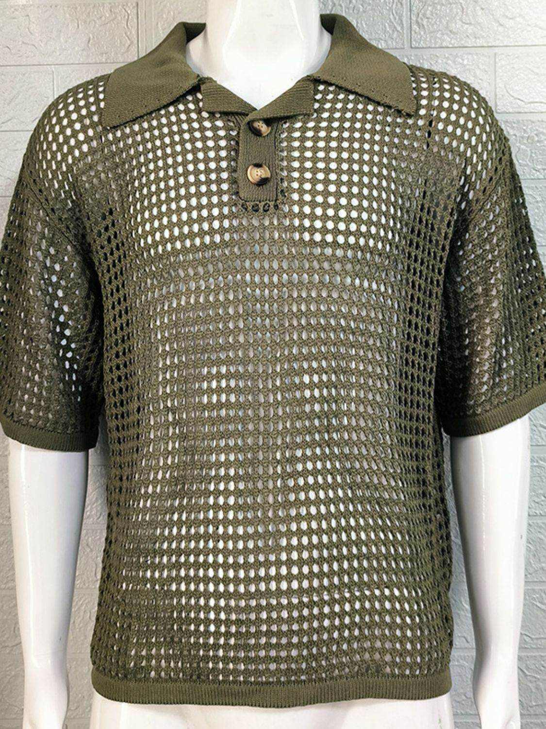 Men's Plus Size Openwork Collared Neck Quarter Button Knit Polo - Purcell's Clothing Company