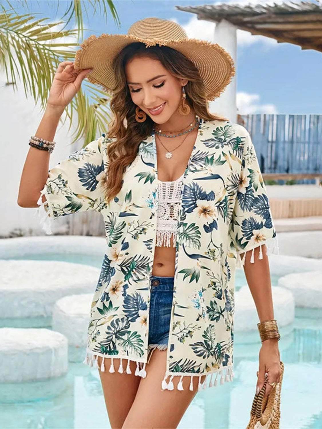 Tassel Printed Open Front Half Sleeve Cover-Up - Purcell's Clothing Company