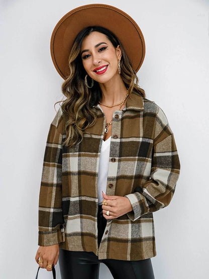 Shiny Plaid Button Up Collared Neck Jacket - Purcell's Clothing Company