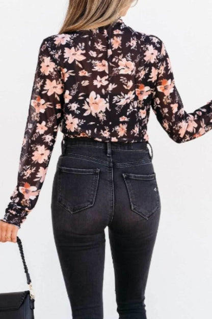 Floral Mock Neck Long Sleeve Blouse - Purcell's Clothing Company