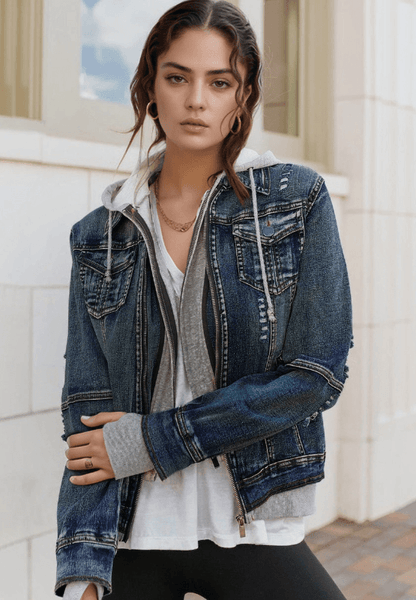 Fake Two-Piece Hooded Zip-Up Denim Jacket - Purcell's Clothing Company