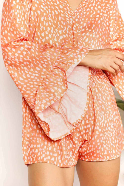 Double Take Printed Flare Sleeve Surplice Romper - Purcell's Clothing Company