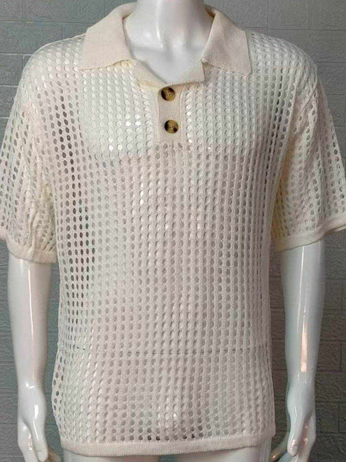 Men's Plus Size Openwork Collared Neck Quarter Button Knit Polo - Purcell's Clothing Company