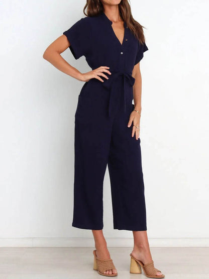 Notched Short Sleeve Tie Waist Jumpsuit - Purcell's Clothing Company