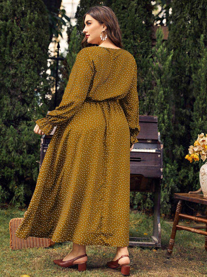Honey Plus Size Ruffled Polka Dot Long Sleeve Midi Dress - Purcell's Clothing Company