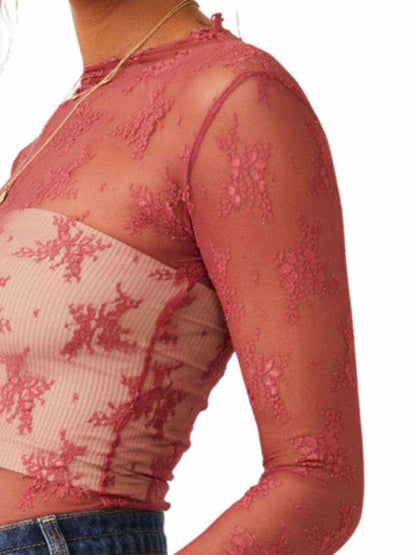 Lace Mock Neck Long Sleeve Blouse - Purcell's Clothing Company