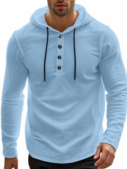 Men's full size hoodie with button detail, drawstring hood, long sleeves, and light blue linen blend fabric.