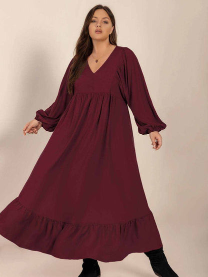 Plus Size Ruffled Hem V-Neck Balloon Sleeve Dress - Purcell's Clothing Company