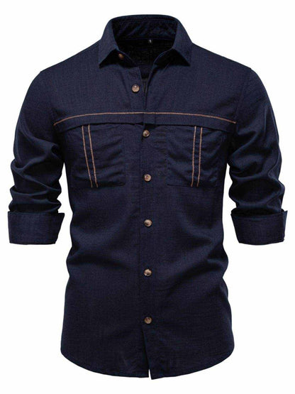 men's navy solid pattern button down collared neck shirt with pockets and buttoned front