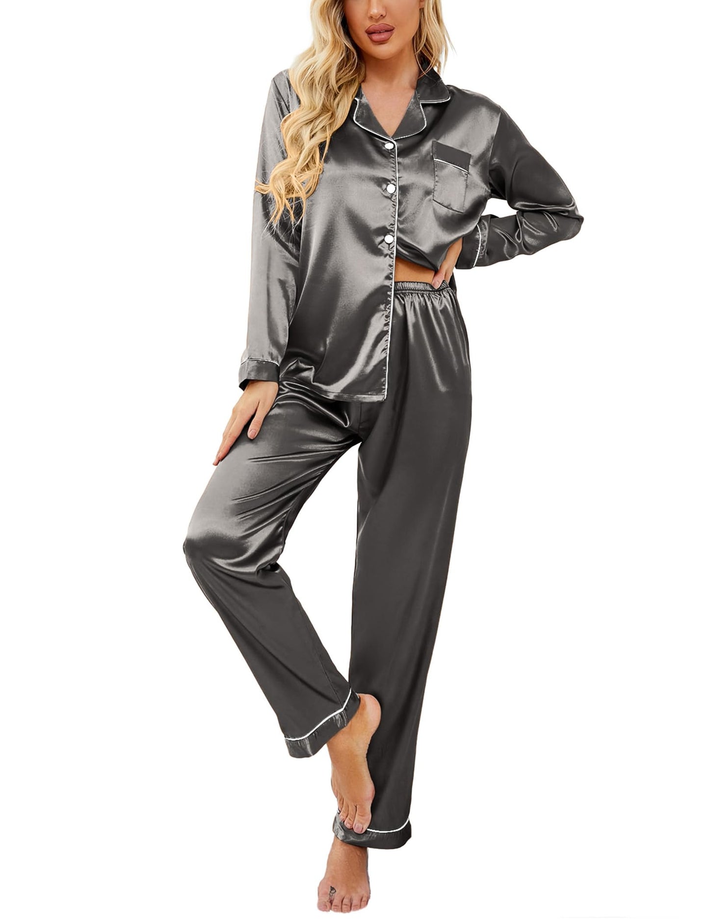 Classic Button Down Satin Silk Pjs