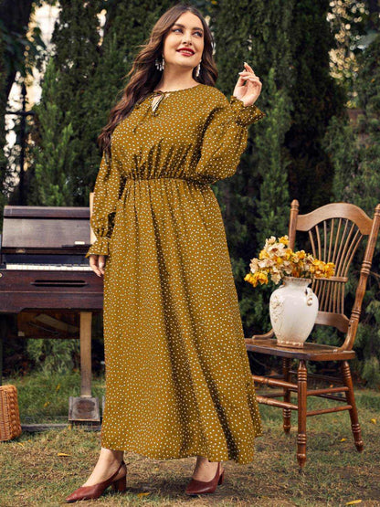 Honey Plus Size Ruffled Polka Dot Long Sleeve Midi Dress - Purcell's Clothing Company