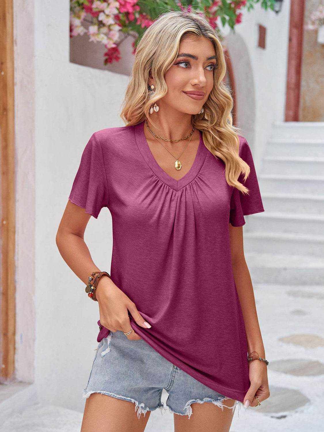 Double Take Ruched V-Neck Short Sleeve T-Shirt - Purcell's Clothing Company