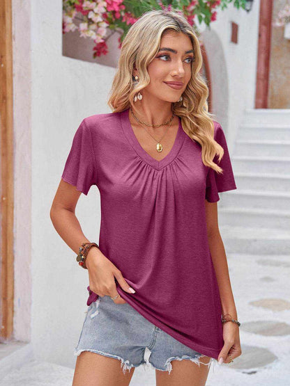 Double Take Ruched V-Neck Short Sleeve T-Shirt - Purcell's Clothing Company