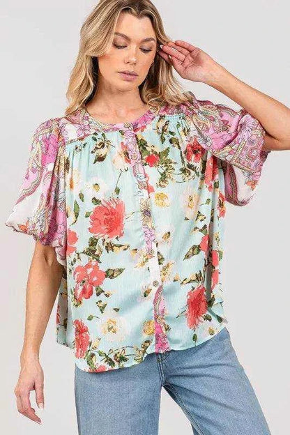 SAGE+FIG Plus Size Floral Mineral Wash French Terry Button Up Shirt - Purcell's Clothing Company