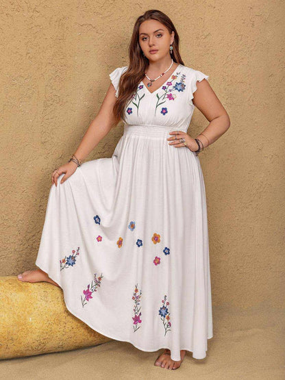 Plus Size Embroidered Floral V-Neck Cap Sleeve Maxi Dress - Purcell's Clothing Company