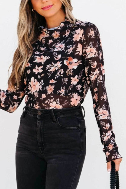Floral Mock Neck Long Sleeve Blouse - Purcell's Clothing Company