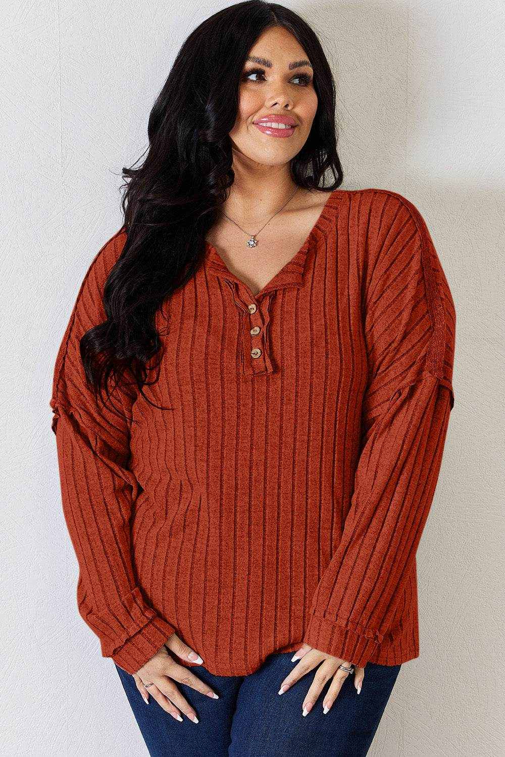 Basic Bae Full Size Ribbed Half Button Long Sleeve T-Shirt - Purcell's Clothing Company
