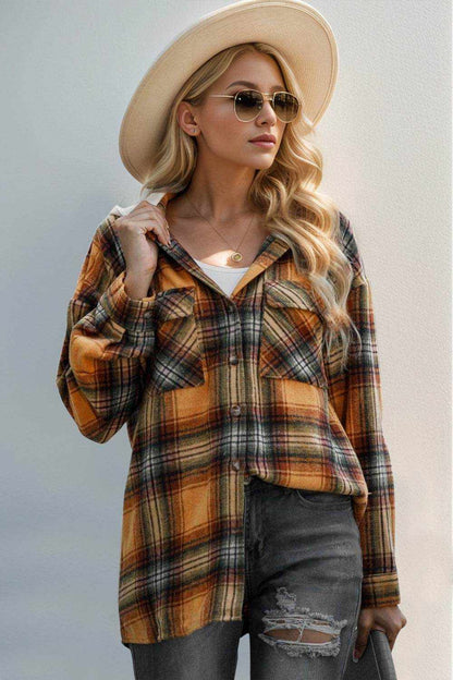 Double Take Drawstring Plaid Long Sleeve Hooded Shacket - Purcell's Clothing Company