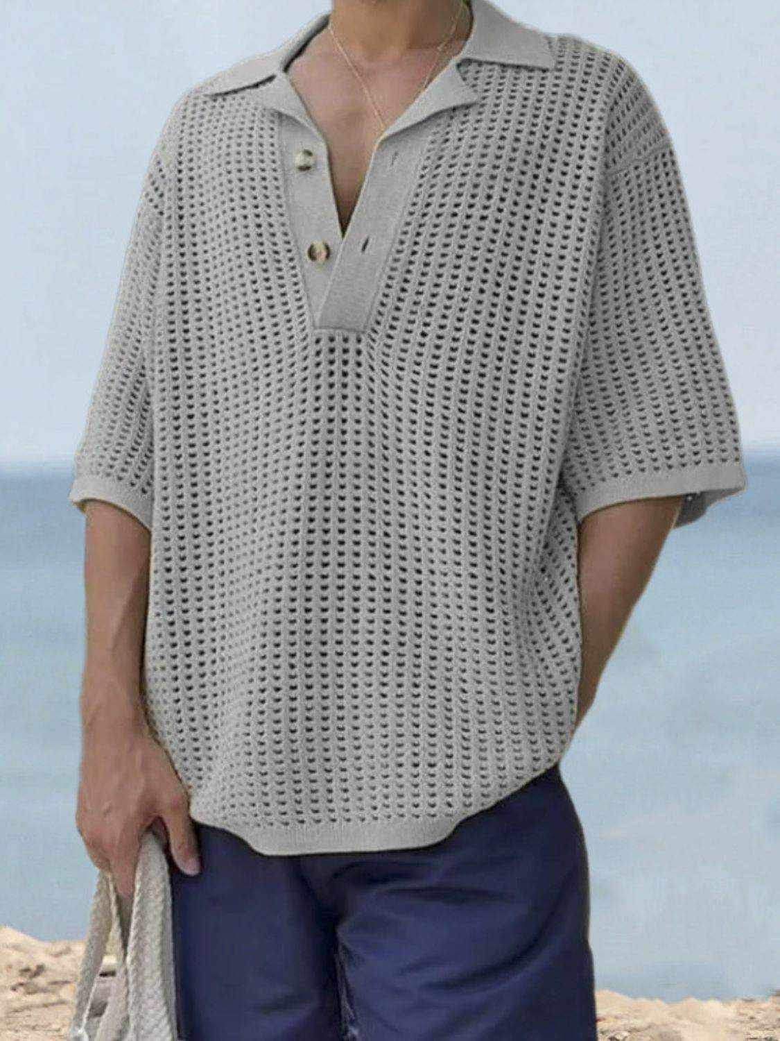 Men's Plus Size Openwork Collared Neck Quarter Button Knit Polo - Purcell's Clothing Company