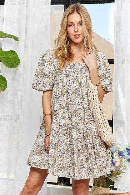 ADORA Floral Square Neck Puff Sleeve Dress - Purcell's Clothing Company