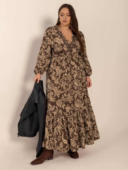 Plus Size Printed V-Neck Balloon Sleeve Maxi Dress - Purcell's Clothing Company