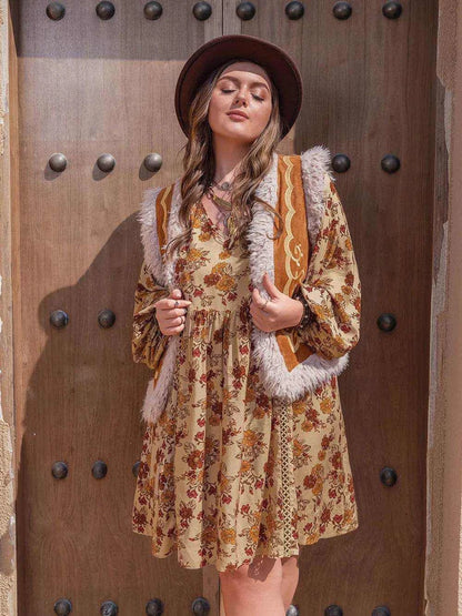 Plus Size Printed V-Neck Balloon Sleeve Mini Dress - Purcell's Clothing Company