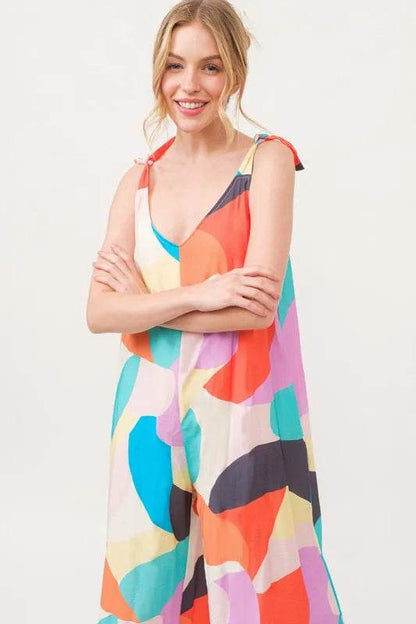 And The Why Tied Shoulder Straps Wide-Leg Geo Print Jumpsuit - Purcell's Clothing Company