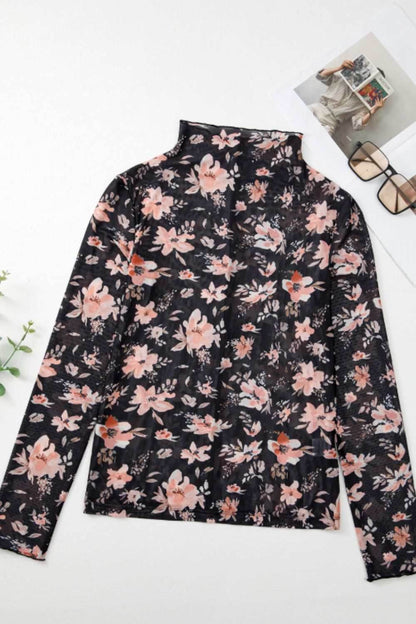 Floral Mock Neck Long Sleeve Blouse - Purcell's Clothing Company