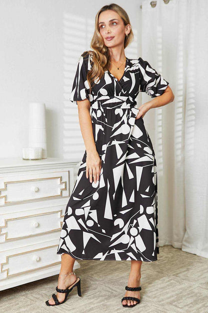 Printed Surplice Balloon Sleeve Dress - Purcell's Clothing Company