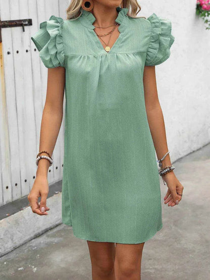 Ivy Lane Ruffled Notched Cap Sleeve Mini Dress - Purcell's Clothing Company
