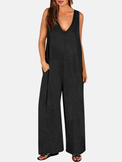 Full Size V-Neck Wide Strap Jumpsuit - Purcell's Clothing Company
