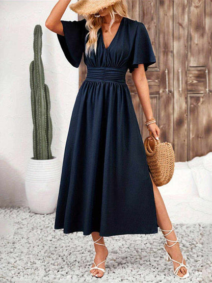 Side Slit Surplice Flutter Sleeve Midi Dress - Purcell's Clothing Company