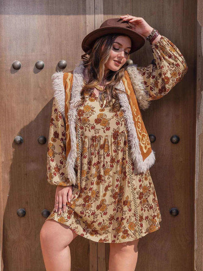 Plus Size Printed V-Neck Balloon Sleeve Mini Dress - Purcell's Clothing Company