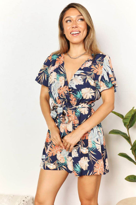Honey Botanical Print Surplice Neck Tie Waist Romper - Purcell's Clothing Company