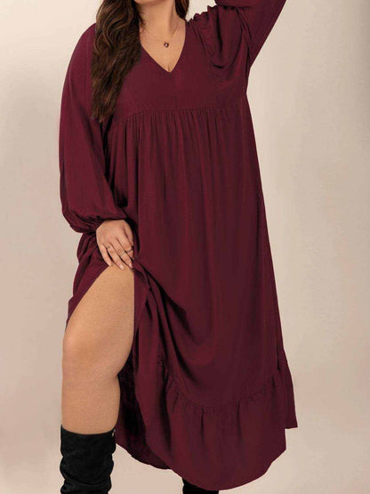 Plus Size Ruffled Hem V-Neck Balloon Sleeve Dress - Purcell's Clothing Company