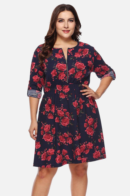 Plus Size Floral Print Half Zip Up Dress - Purcell's Clothing Company
