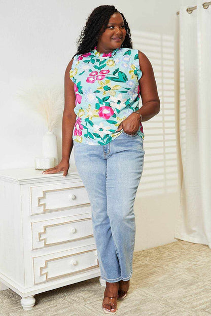 Double Take Floral Print Ruffle Shoulder Blouse - Purcell's Clothing Company