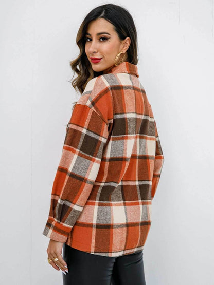 Shiny Plaid Button Up Collared Neck Jacket - Purcell's Clothing Company